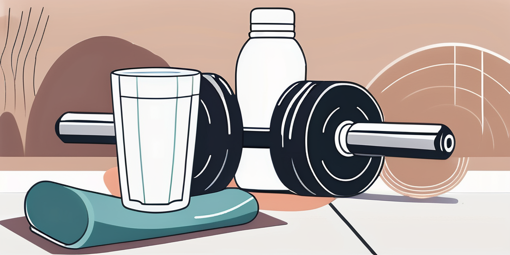 A protein shake next to gym equipment like dumbbells and a yoga mat
